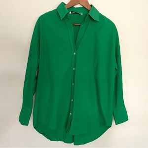ZARA 100% Cotton Kelly Green Shirt Lapel Collar V-Neck Business Casual Party, S